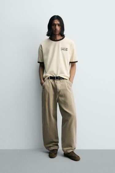 Zara CONTRAST RIB TEXT T-SHIRT - Light yellow - Image 0