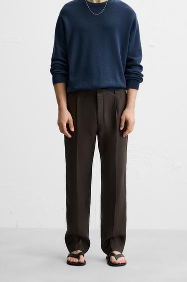 100% LINEN PLEATED TROUSERS - Chocolate by Zara
