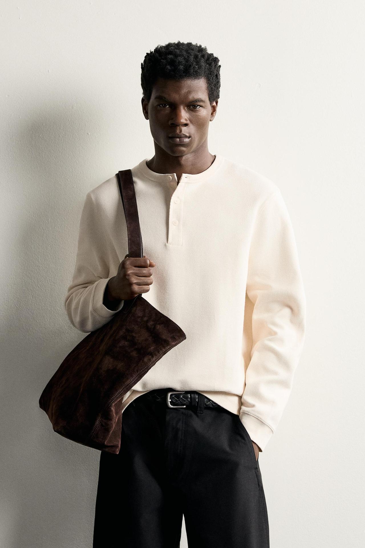 TEXTURED HENLEY SHIRT — Oyster-white
