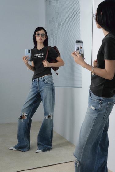 Zara TRF 中腰剪洞喇叭牛仔褲 - 藍色