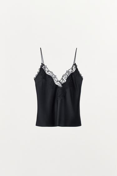 TOP بمظهر ساتاني وحمالات ودانتيل - أسود الخاص بـ Zara