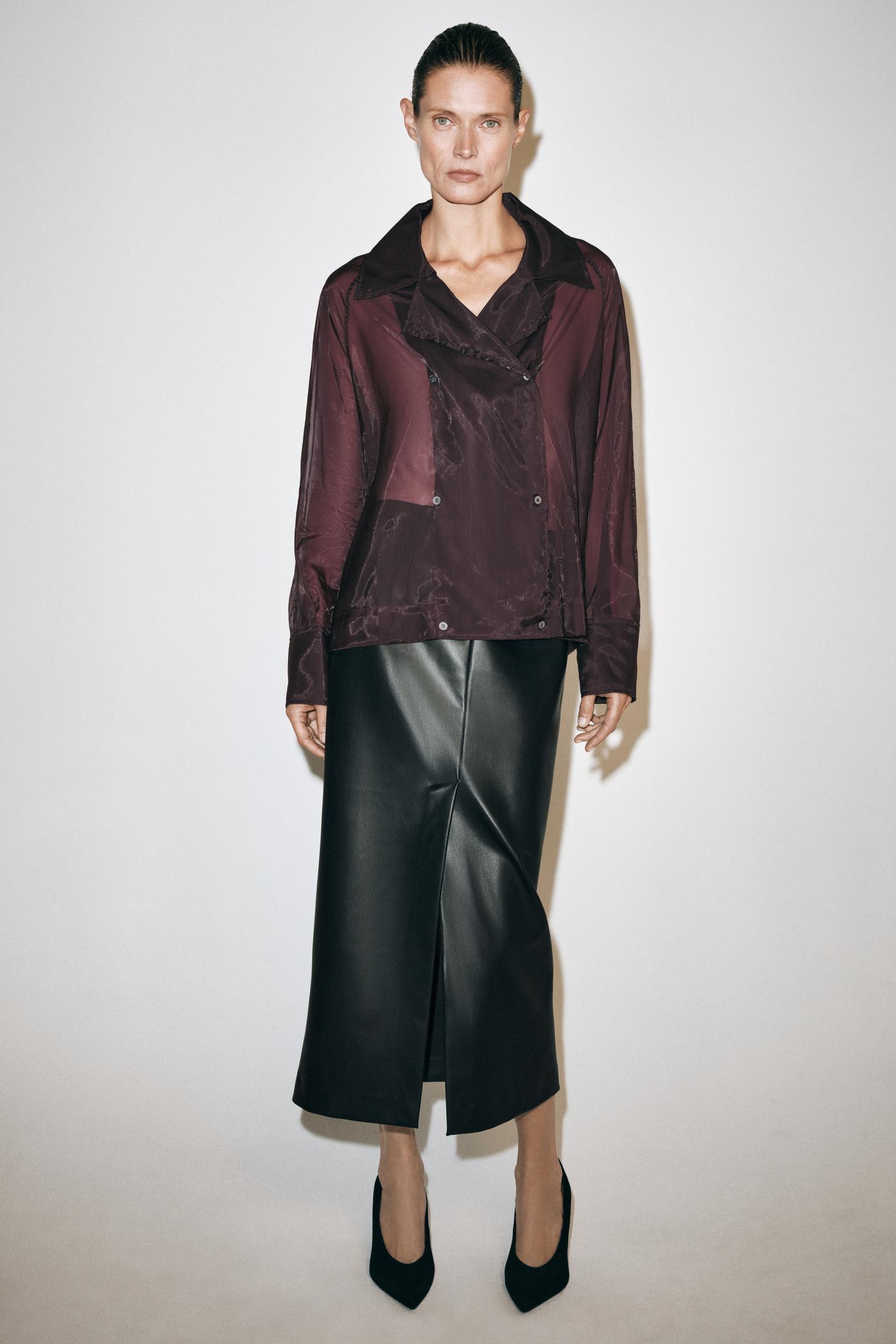 Женская рубашка Zara ZW Collection Organza, цвет: Бордовый — фото 1