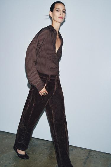 Zara ZW COLLECTION HIGH-WAISTED FLOCKED BALLOON JEANS - Brown