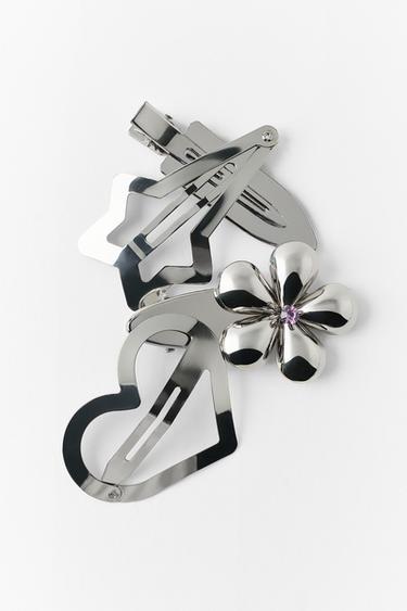 Zara PACK OF 4 FLOWER AND HEART METAL HAIR CLIPS - Silver