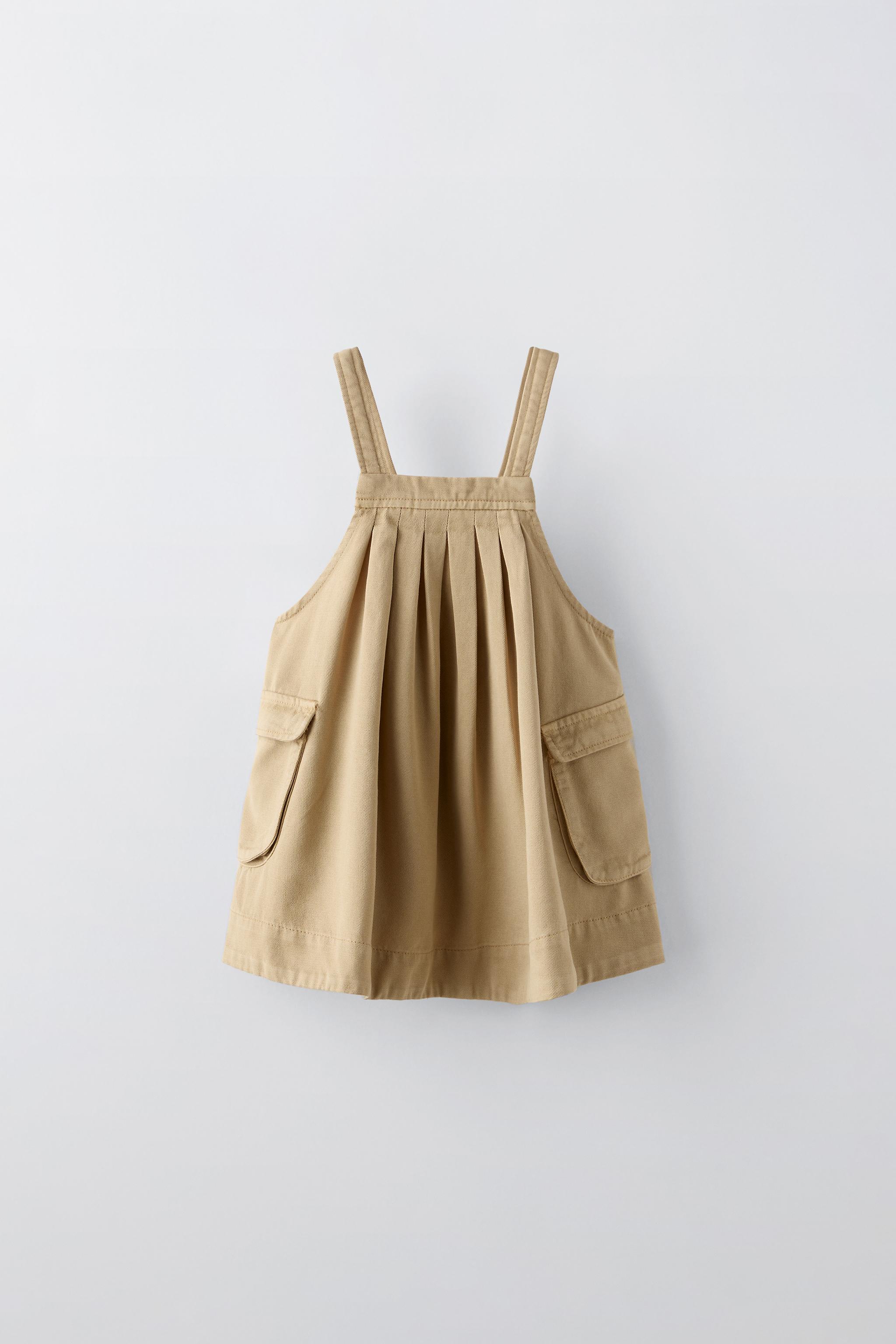 Zara Flowy Pinafore Dress with Pockets Sand Kids