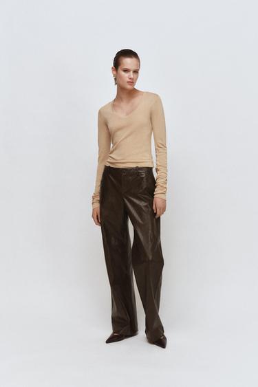 ZW COLLECTION FAUX LEATHER STRAIGHT TROUSERS - Brown by Zara