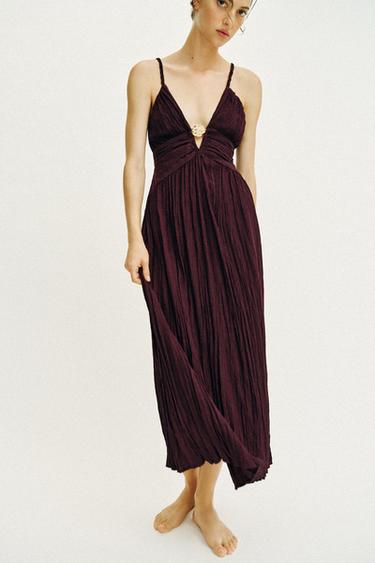 Zara GOLD-TONE HARDWARE MIDI DRESS - Burgundy