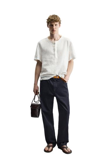 قميص هينلي بأكمام قصيرة 100% كتان - أبيض by Zara