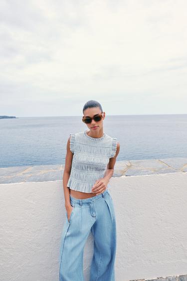 GINGHAM SMOCKED TOP - Ecru / Blue by Zara