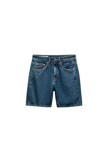 Front view of blue denim shorts with front pockets and visible stitching.