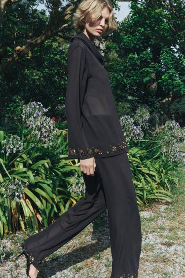 FLOWING BLOUSE WITH BEAD DETAIL ZW COLLECTION - Dark grey by Zara - Image 0