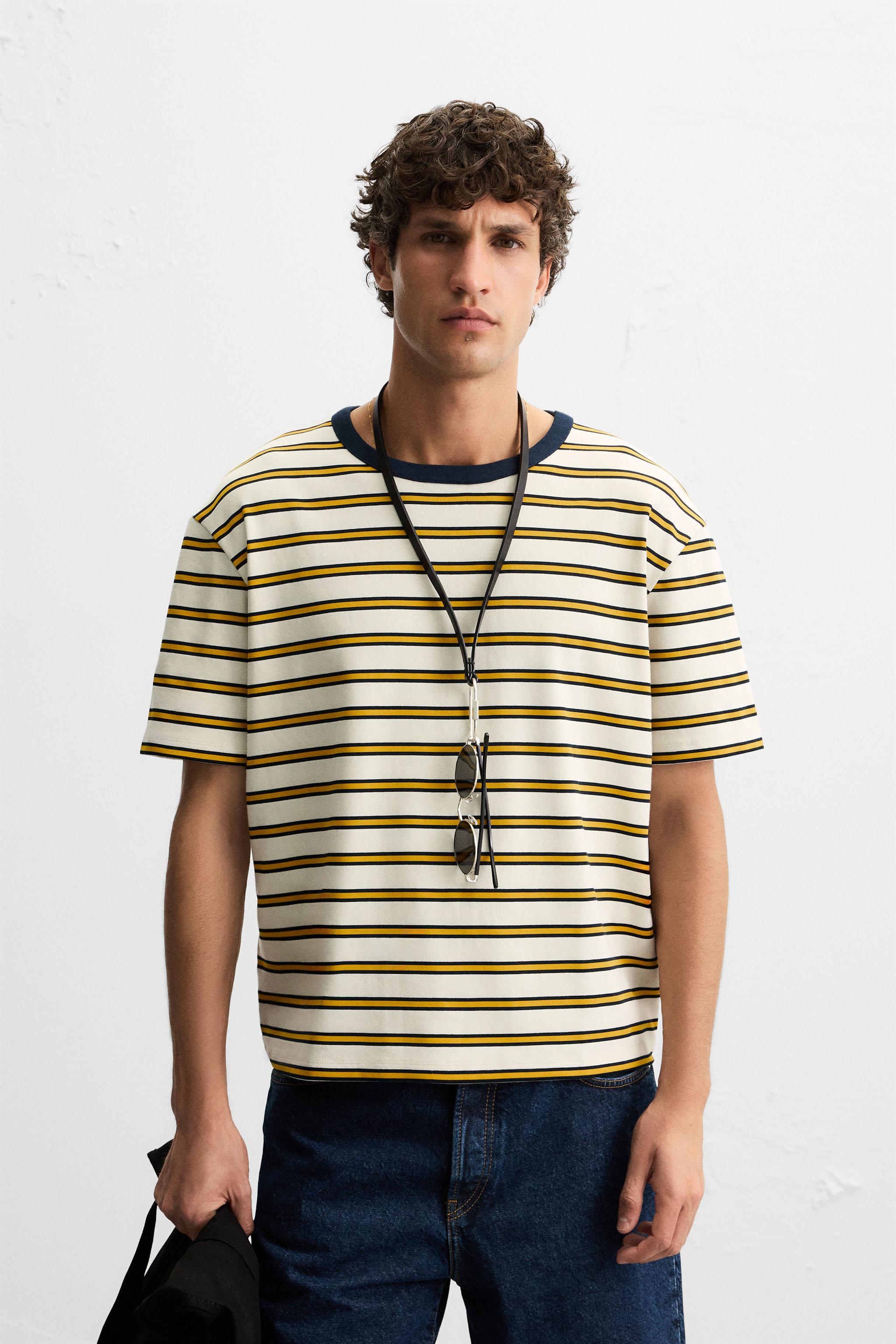 [ JEANS] Striped T-shirt ★大人気★ STRIPED JACQUARD T-SHIRT - Ecru/Yellow | ZARA United States