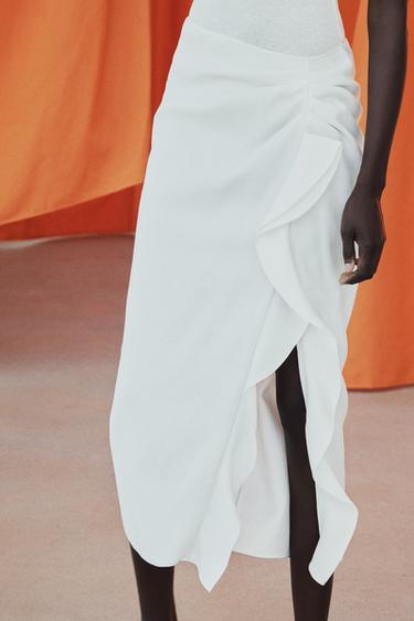 Zara ZW COLLECTION RUFFLED MIDI SKIRT - White