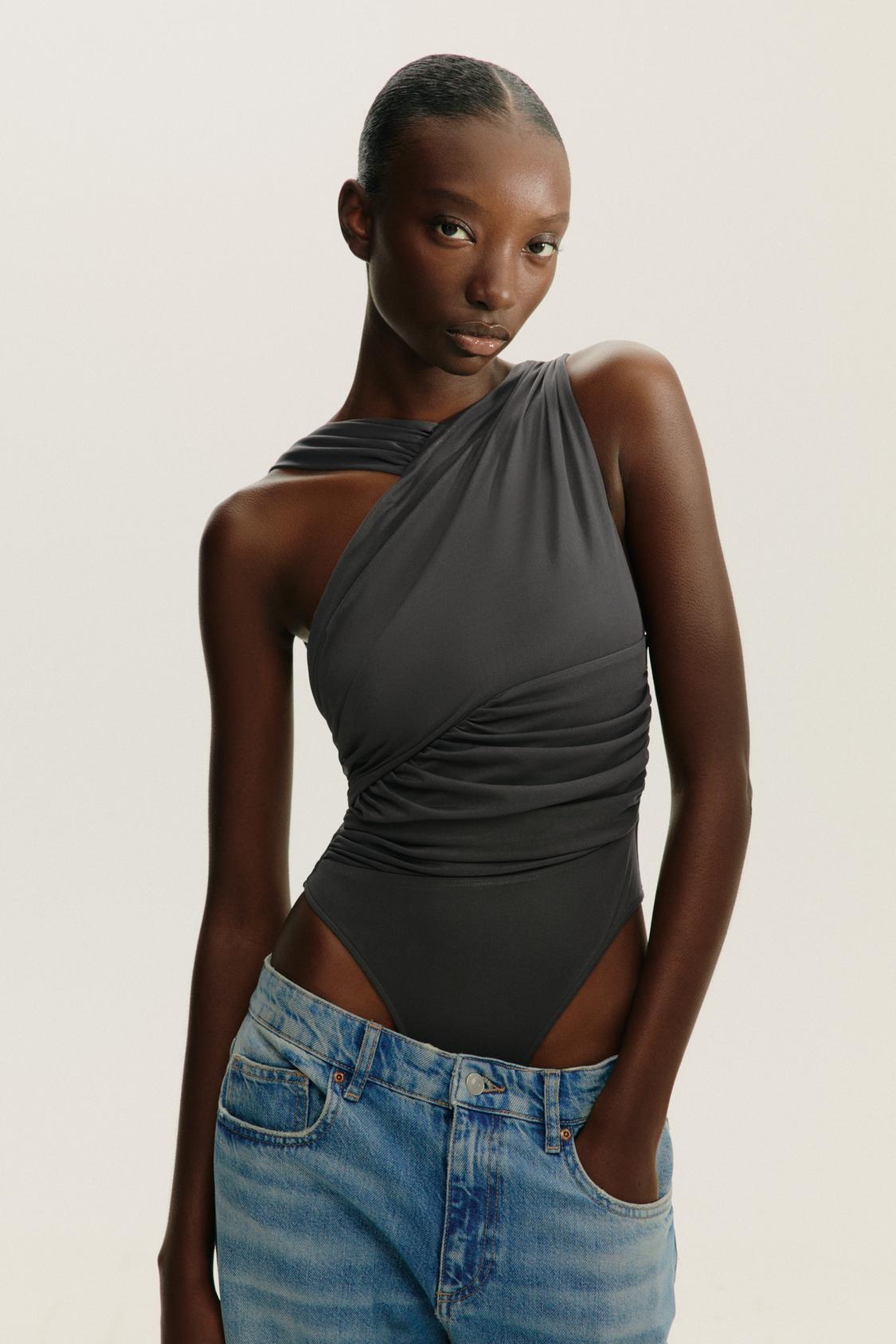 DRAPED ASYMMETRIC TULLE BODYSUIT
