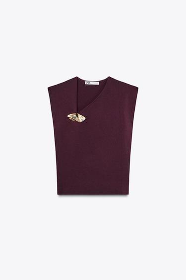 Zara KNIT TOP WITH GOLDEN APPLIQUÉ - Burgundy - Image 0