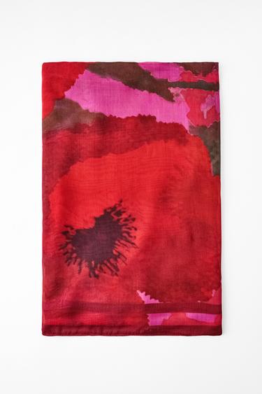 Zara MODAL SILK FLORAL PRINT SCARF - Red