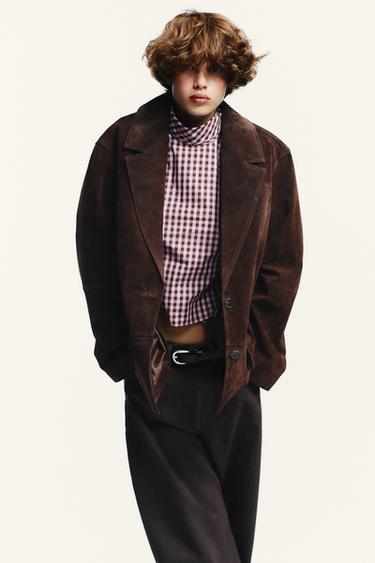 OVERSIZE SUEDE LEATHER BLAZER - Dark brown by Zara - Image 1