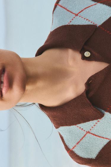DIAMOND PATTERN KNIT POLO TOP - Brown-Blue by Zara - Image 3
