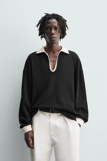 COTTON-HEMP POLO SWEATSHIRT - Black by Zara