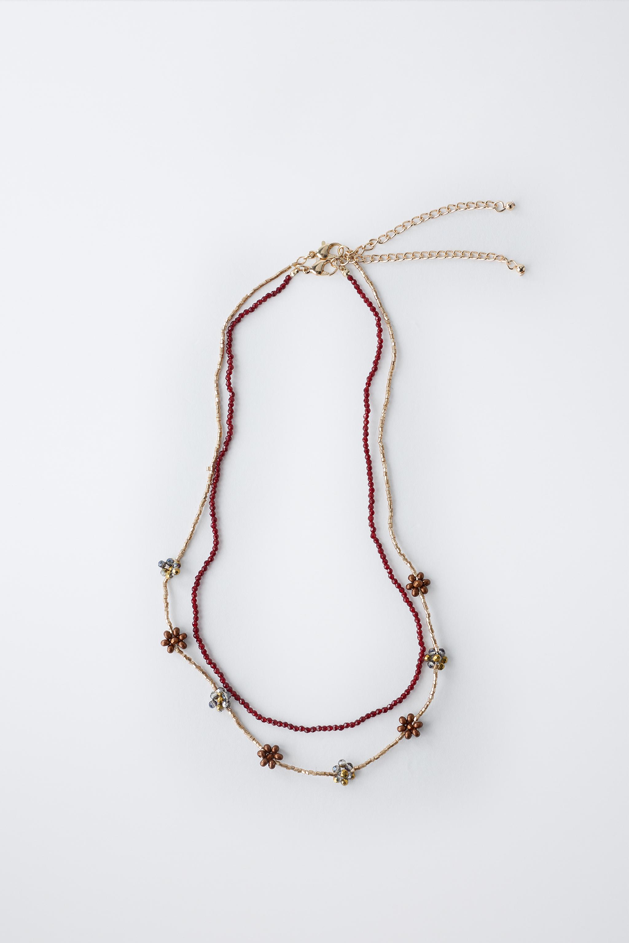 ビーズと花のネックレス 2本セット - エンジ | ZARA Japan / 日本