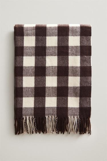 CHECK AND FRINGE BLANKET - Brown by Zara
