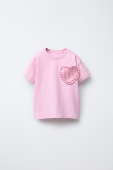 Zara PRINTED HEART PATCH T-SHIRT - Light pink