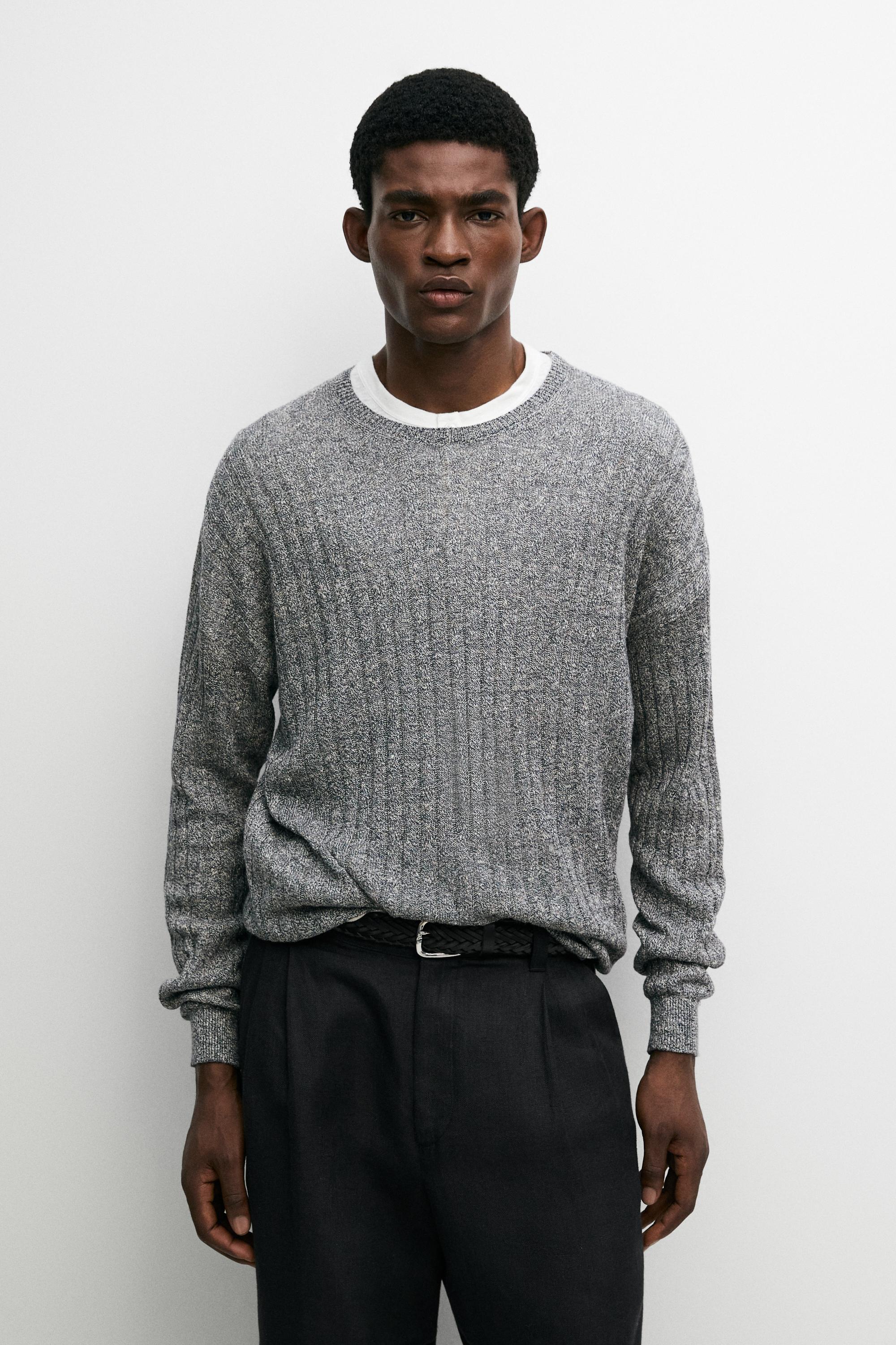 Linen cotton mouliné knit sweater — Navy blue