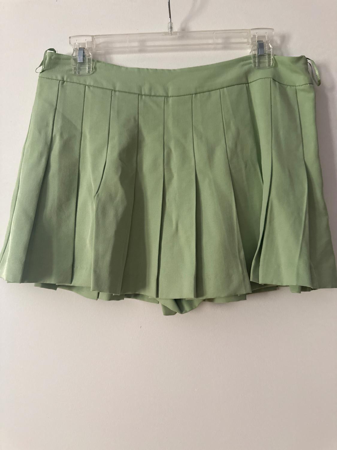 Light green pleated mini skirt, hanging on a clear plastic hanger against a plain white wall background.