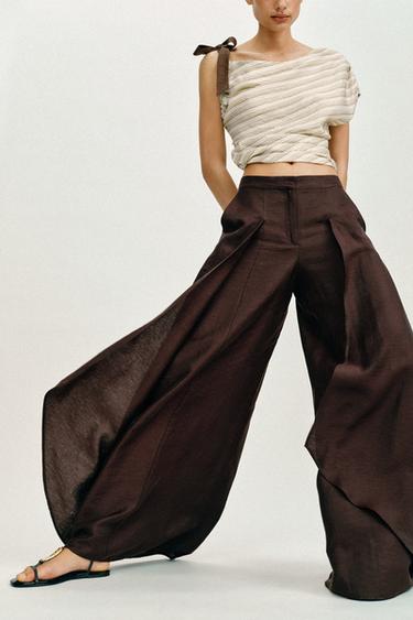 LINEN BLEND WIDE-LEG TROUSERS - Brown by Zara - Image 2