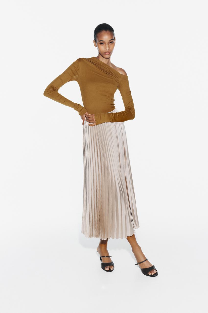PLEATED SATIN EFFECT SKIRT - Soft gold