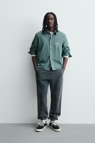 CROPPED FIT EMBROIDERED CHECK SHIRT - Green by Zara