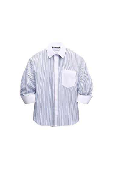 Blue and white striped shirt with a classic collar, chest pocket, and three-quarter sleeves with white cuffs. White background.