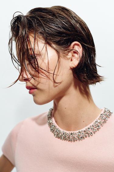 Zara JEWEL BEAD KNIT TOP - Pastel pink