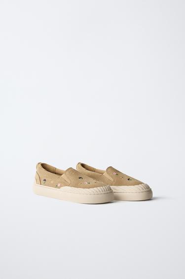 LEATHER FLORAL PLIMSOLLS - Sand Brown by Zara
