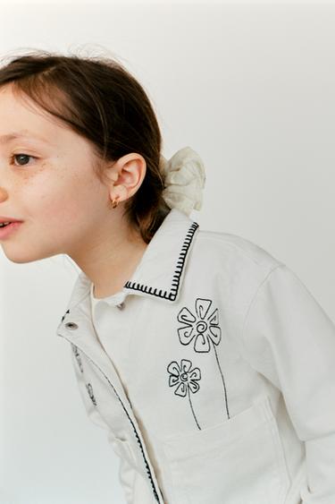 Zara EMBROIDERED FLORAL DENIM JACKET - Oyster-white