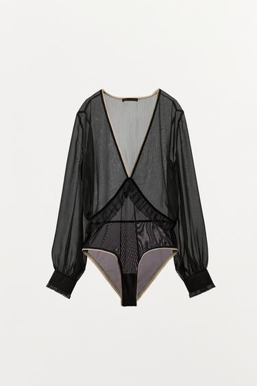 BODY VOLANTS DENTELLE CONTRASTE - Noir de Zara
