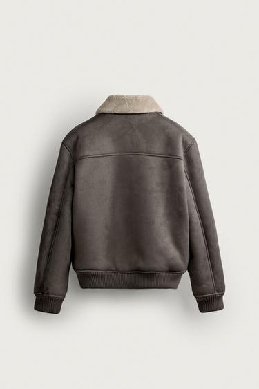 КОМБІНОВАНА КУРТКА З ЕФЕКТОМ ШКІРИ ТА ОВЧИНОЮ - Кротово-сірий Zara