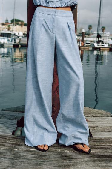 Zara Women's High Waisted Formal Trousers Zara Women's High Rise  Button Accent Center Seam Stretch Dress Pants