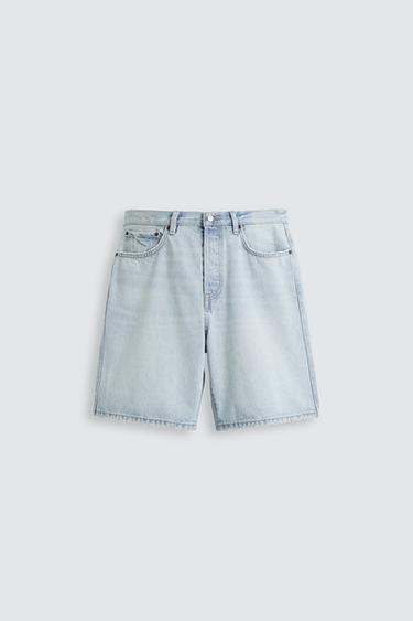 Zara STRAIGHT FIT DENIM SHORTS - Light blue