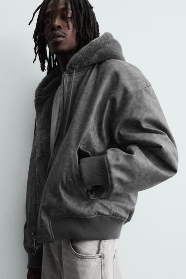 REVERSIBLE FAUX LEATHER BOMBER JACKET - Anthracite Grey by Zara