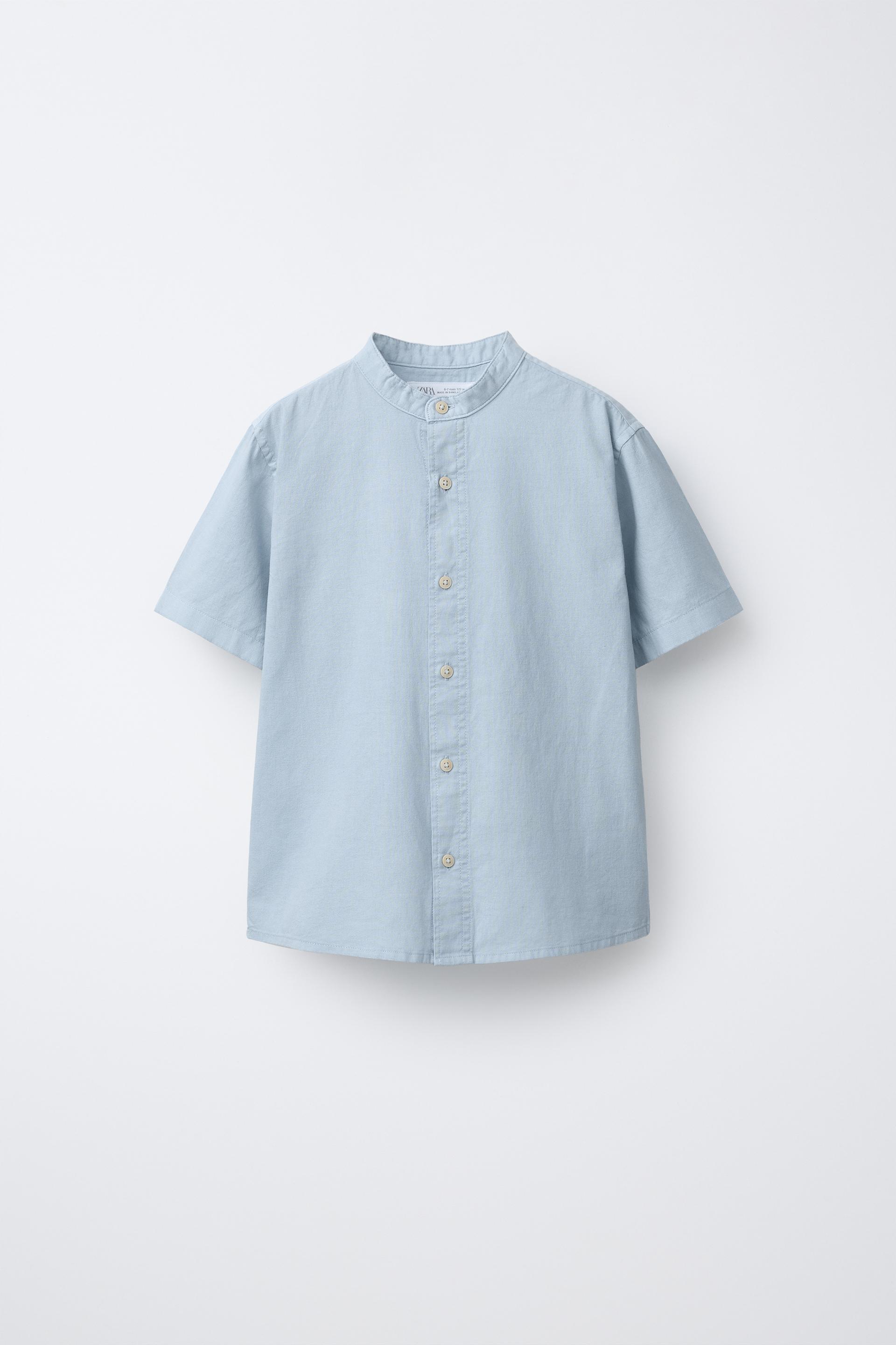 Cotton Blend And Linen Stand Collar Shirt