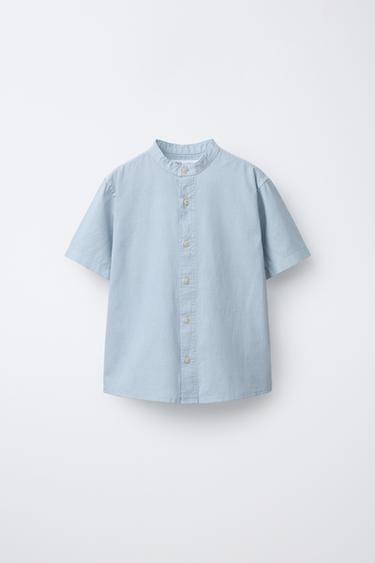 قميص بياقة ماو بالقطن والكتان - سماوي الخاص بـ Zara - صورة 0
