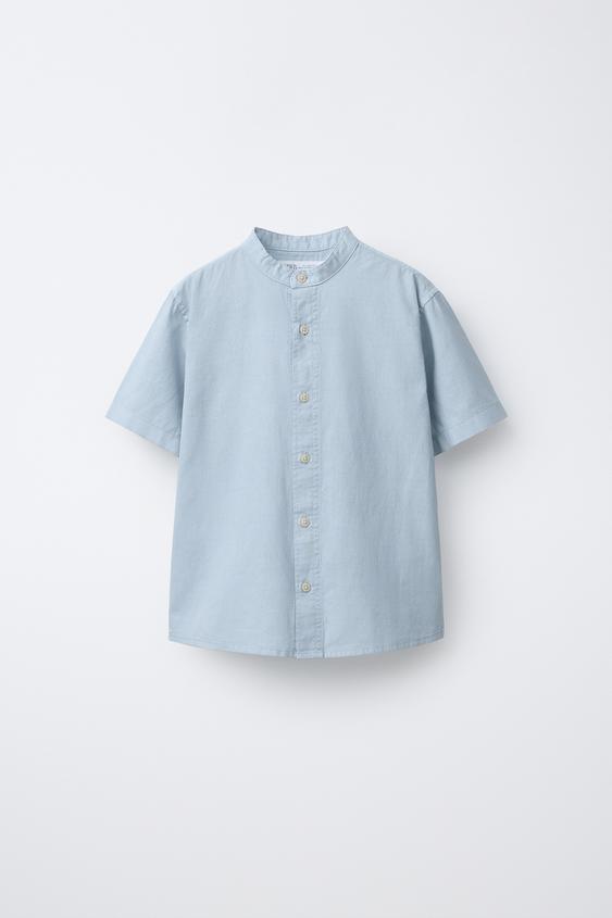 CAMISA CUELLO MAO CON ALGODÓN Y LINO - Celeste de Zara - Imagen 0