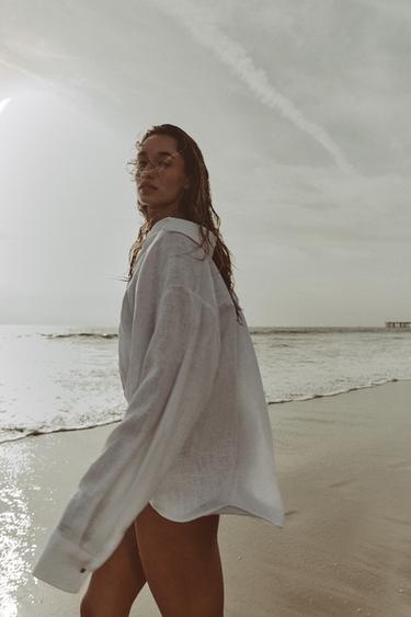 LINEN BLEND SHIRT WITH PUFF HEM - White by Zara