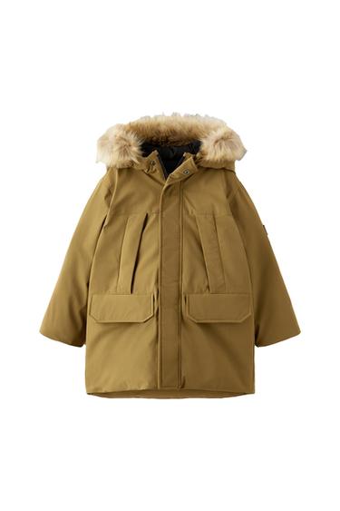 DOWN AND FEATHER PARKA WITH DETACHABLE FAUX FUR-LINED HOOD