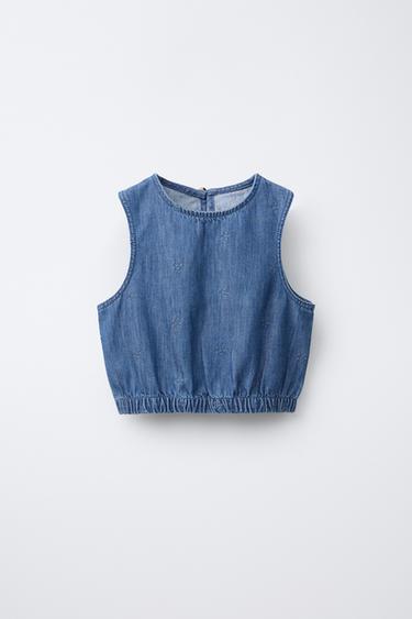 TOP DENIM FLORES BORDADAS - Azul de Zara - Imagen 0