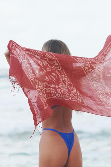 100% LINEN PRINTED SCARF WITH FRINGES - Red by Zara