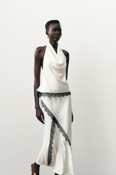 SATIN MIDI SKIRT WITH LACE - Ecru by Zara - Image 3