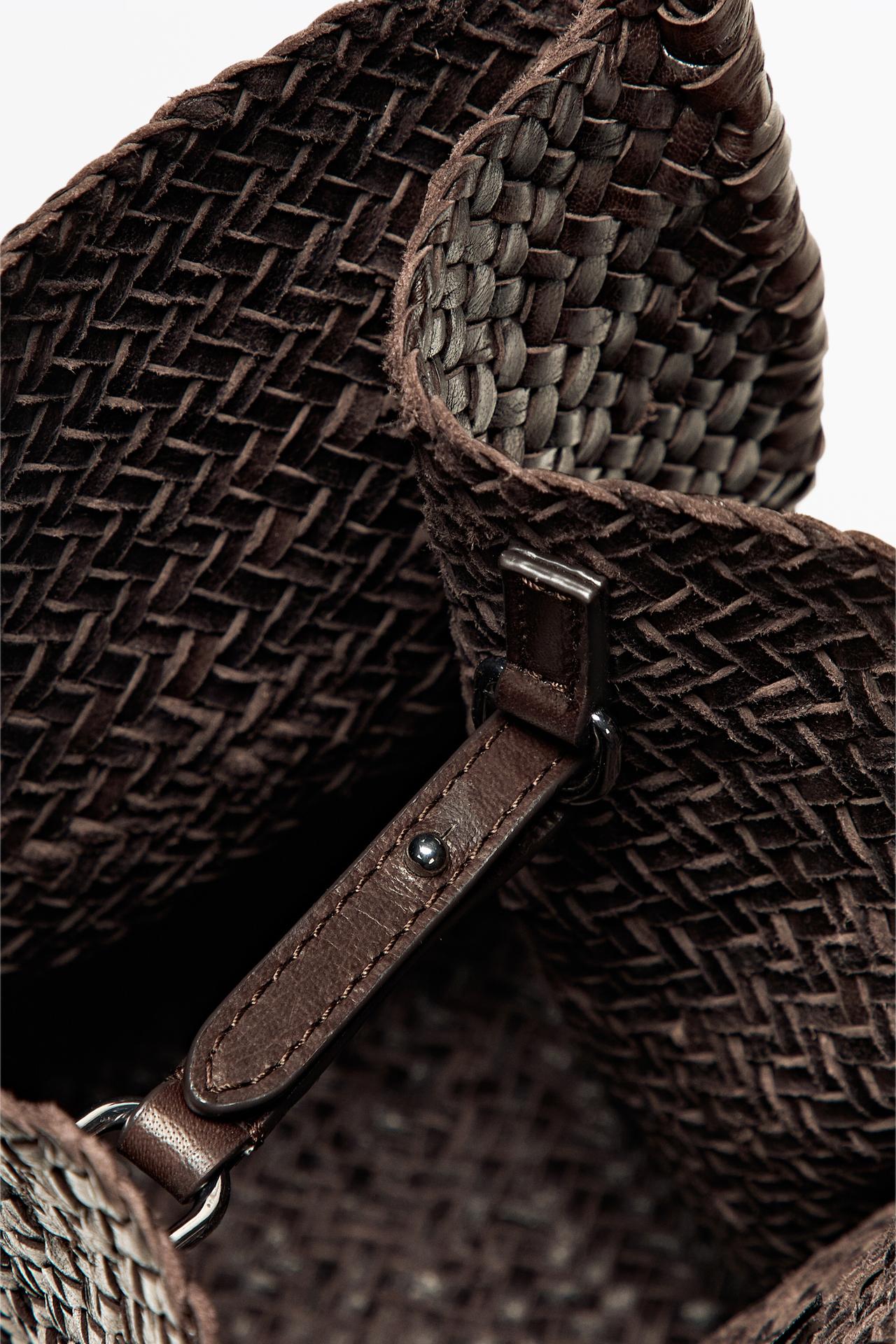 Nappa leather woven bucket bag — Brown