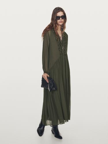 Zara Long flowing dress with ruffle detail - Dark green